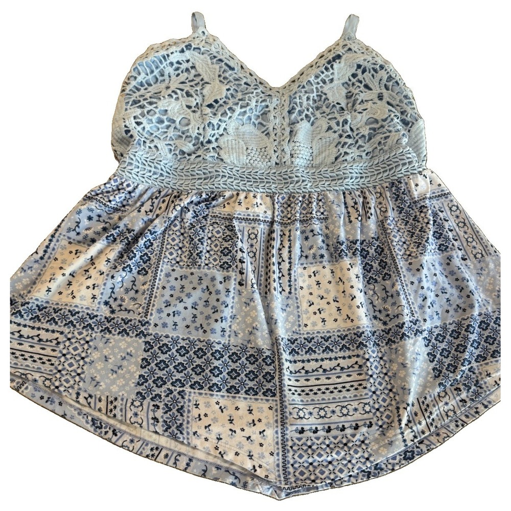 No Boundaries Juniors XXL 19 Blue Crochet Lace Babydoll Cami Patchwork Floral